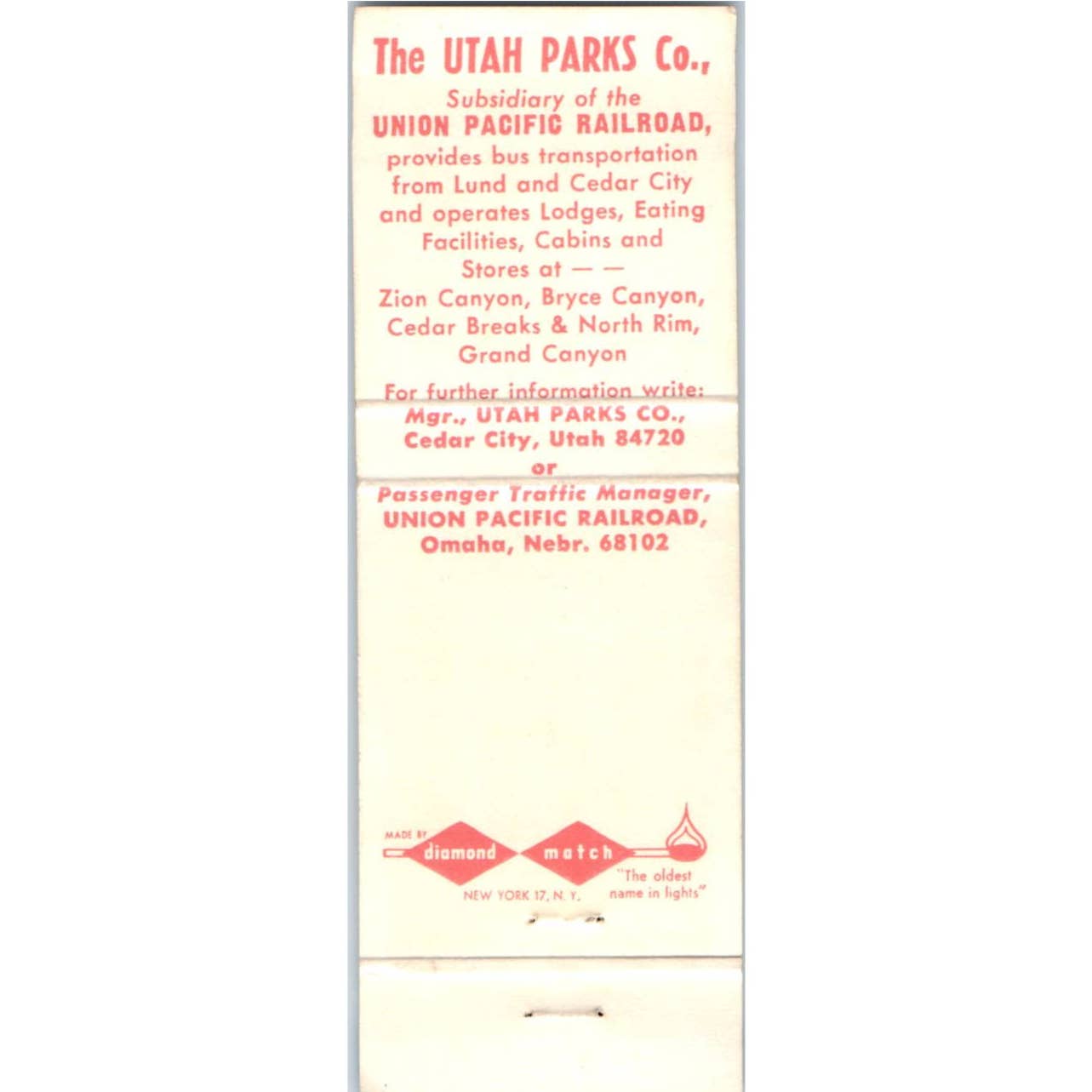 Utah Parks Co Union Pacific RR Map Advertising Matchbook Cover SA1-M8