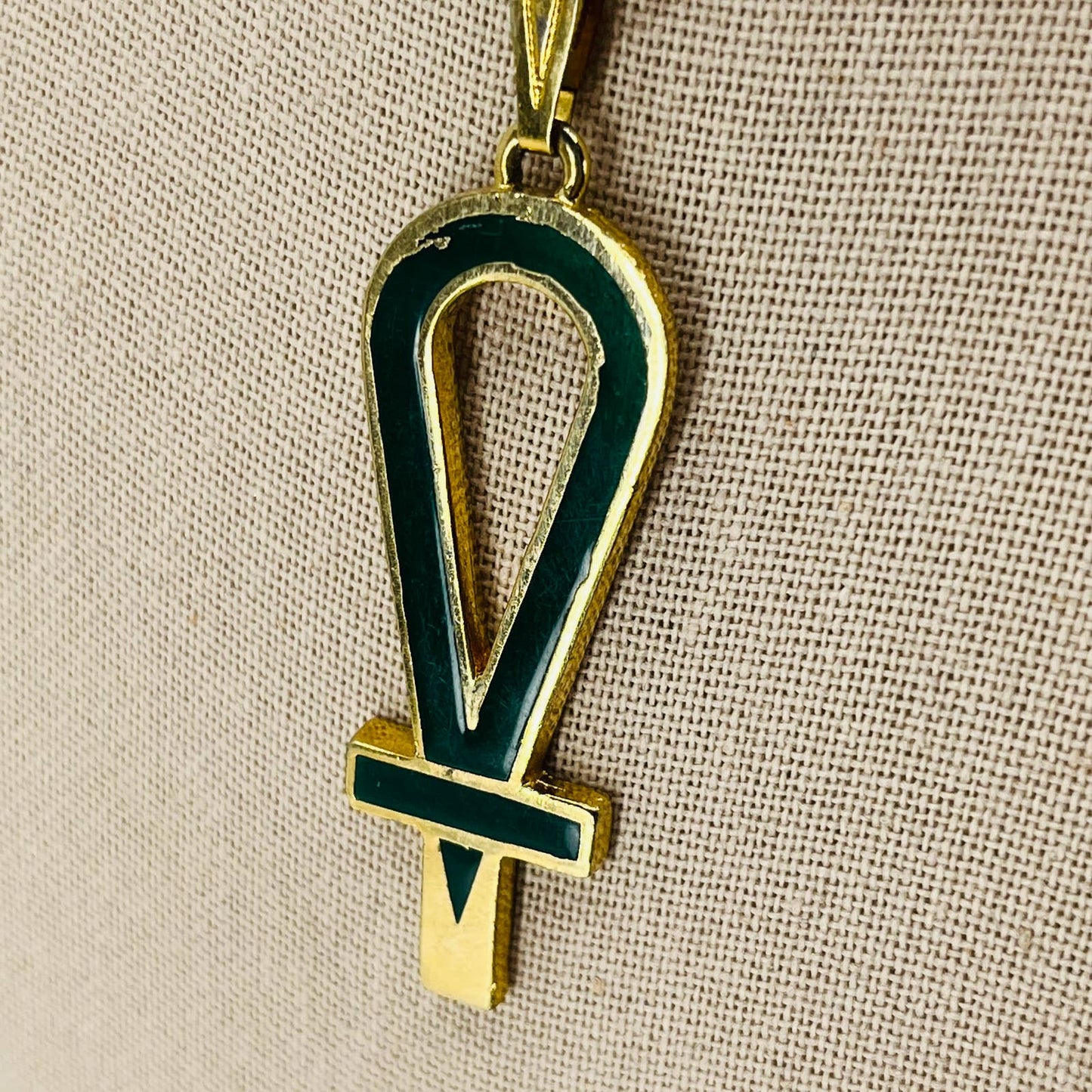 RARE Egyptian Ankh HATTIE CARNEGIE Pendant Necklace Green Enamel Brooch SB2