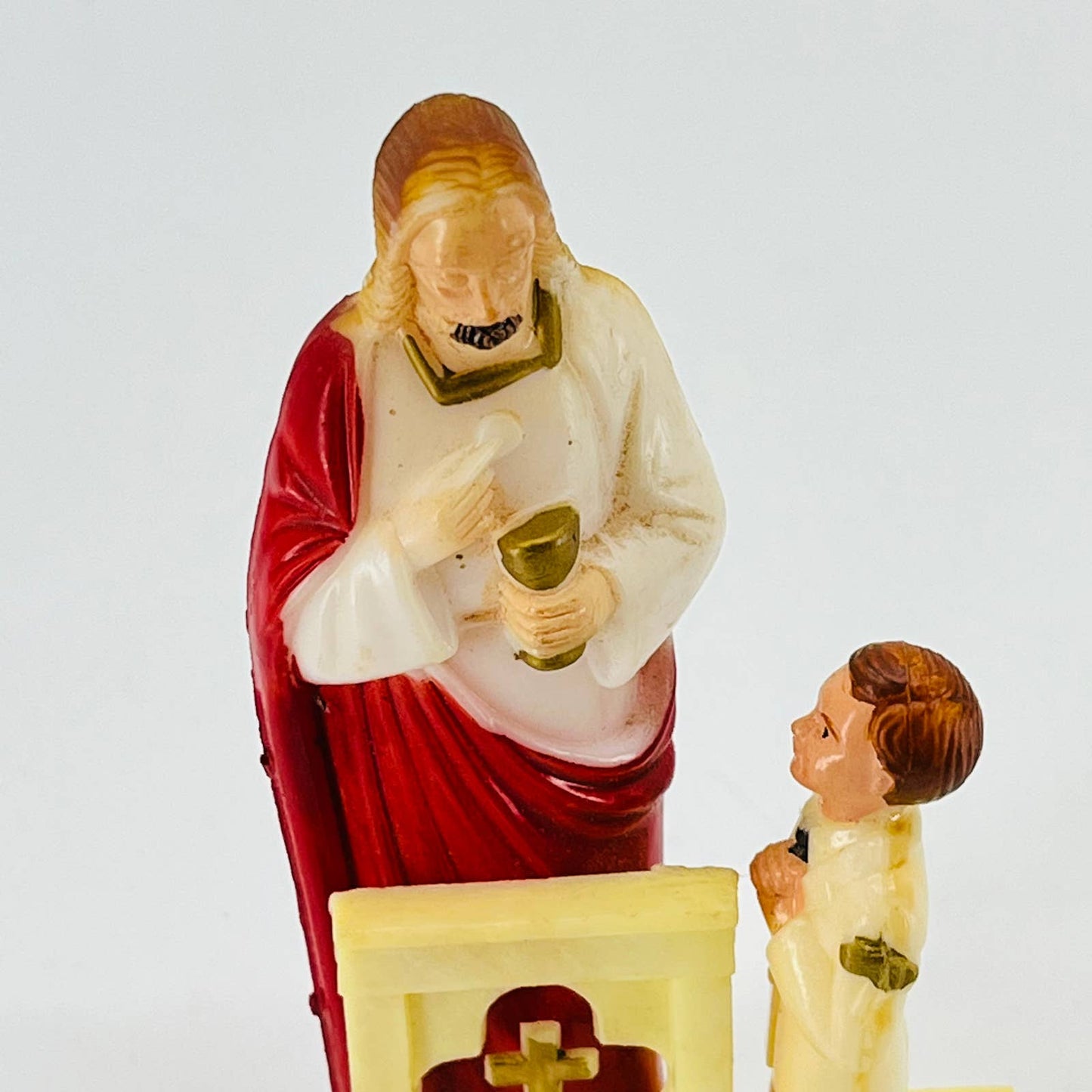 Vintage MCM Celluloid Confirmation Cake Topper Jesus and Praying Child 5” SA9