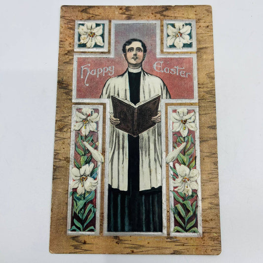 1910s Easter Post Card Embossed Cross Priest Church Flowers Wood Grain PA5