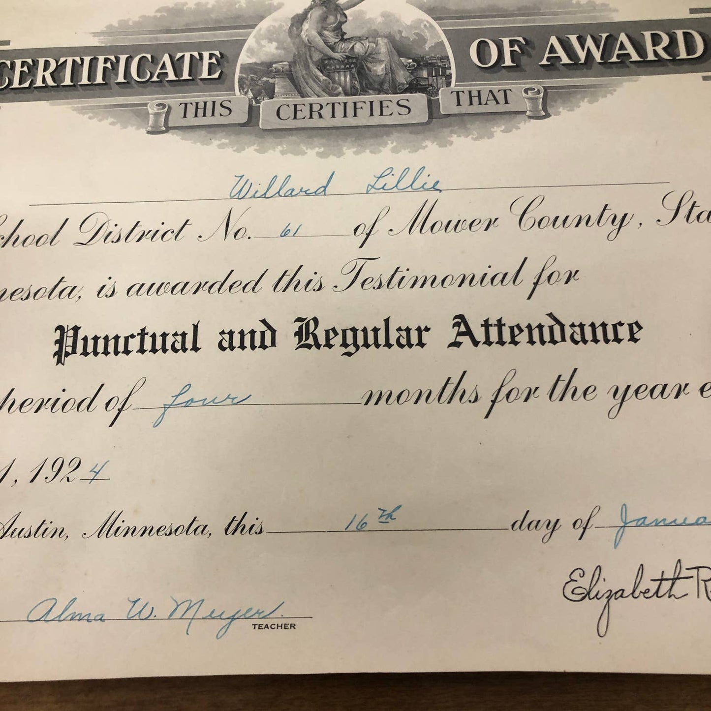 1924 Punctual Regular Attendance Certificate Award Willard Lillie Austin MN RU1