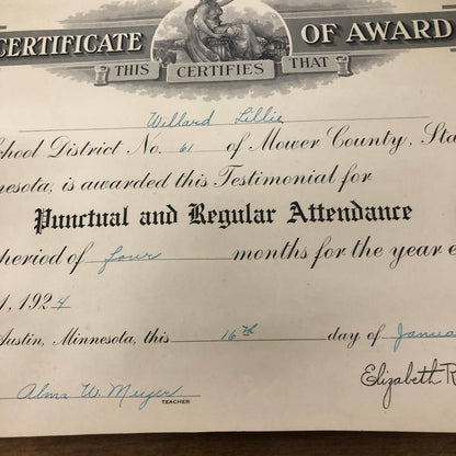 1924 Punctual Regular Attendance Certificate Award Willard Lillie Austin MN RU1