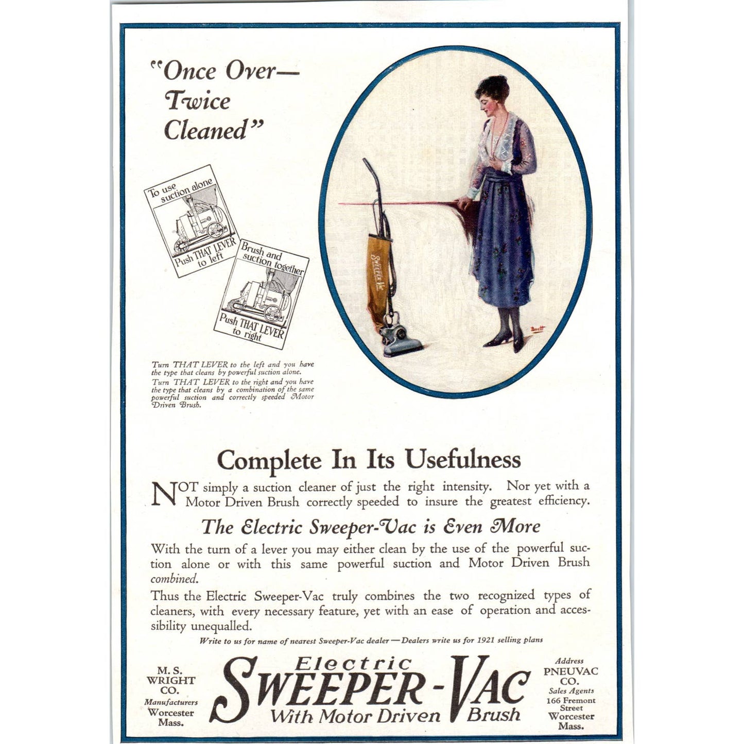 M.S. Wright Co Electric Sweeper-Vac Worcester MA - 1921 Original Ad TJ7-L