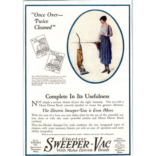 M.S. Wright Co Electric Sweeper-Vac Worcester MA - 1921 Original Ad TJ7-L