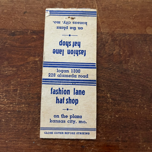 Fashion Lane Hat Shop Kansas City MO Advertising Matchbook Cover MM11-6