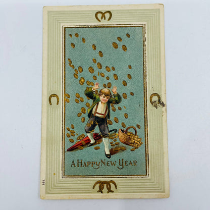 1910s Christmas New Year’s Post Card Embossed Dresden Gilt Raining Coins PA3