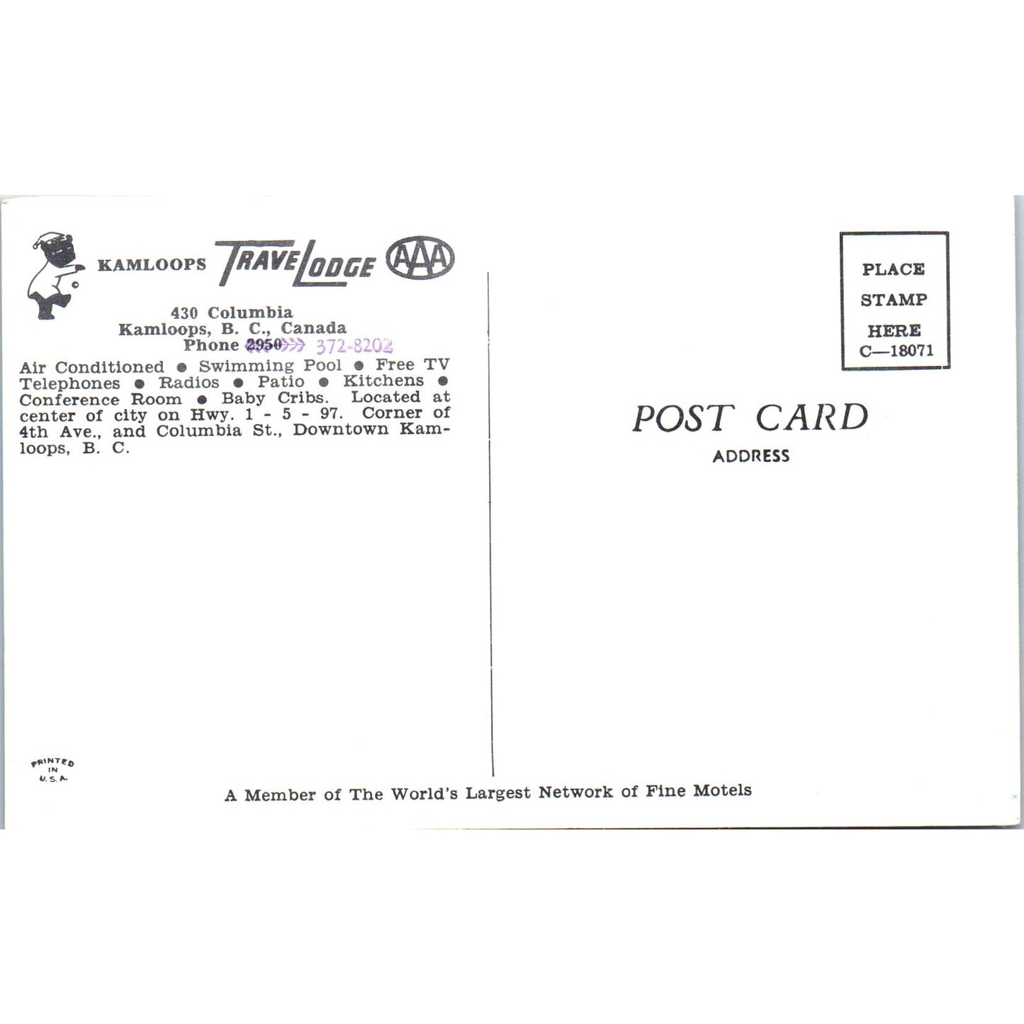 Kamloops Travel Lodge British Columbia Canada - Original Postcard P3-4