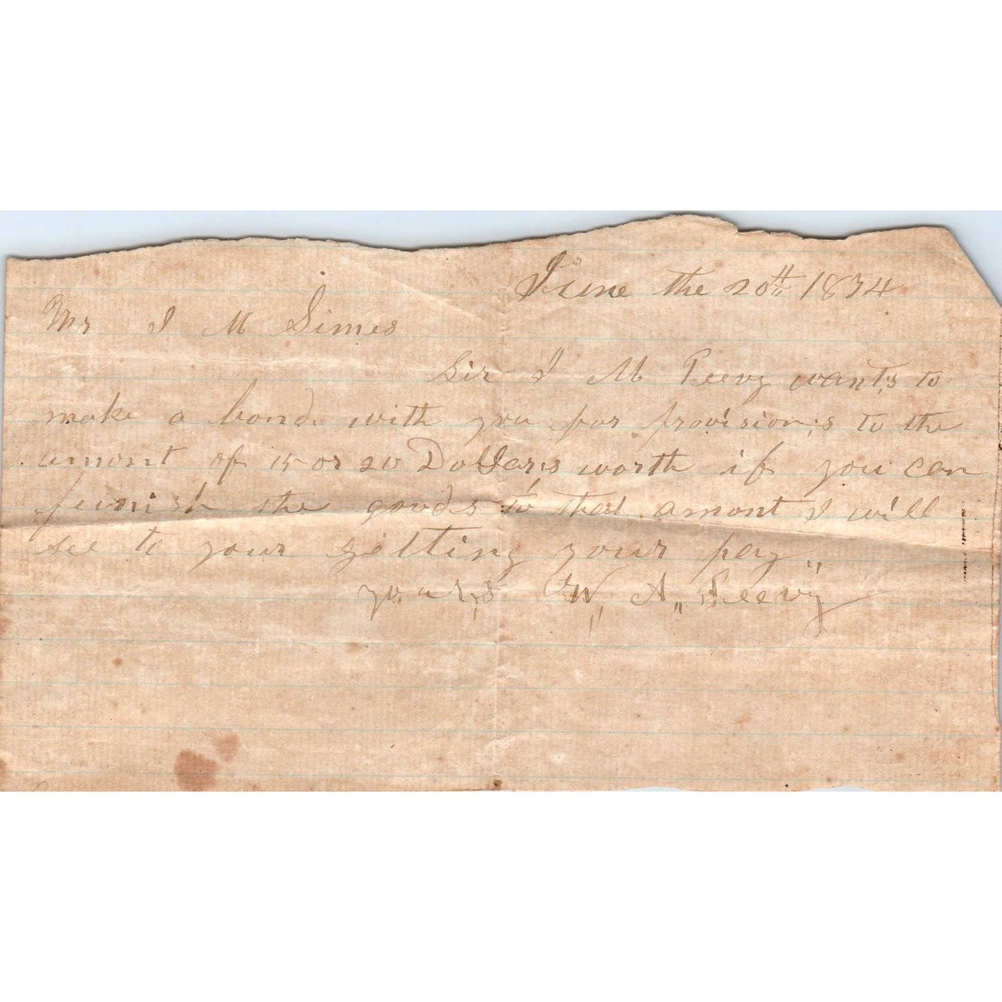 1834 Letter from Asa Peavy Regarding J.M. Peavy to J.M. Simms Butler AL AD6