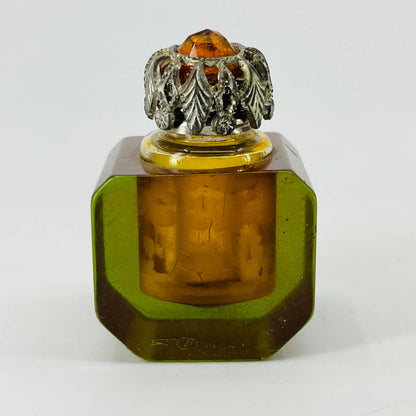 MCM Amber Lucite Perfume Bottle Topaz Rhinestone Lid 1.5” SA6