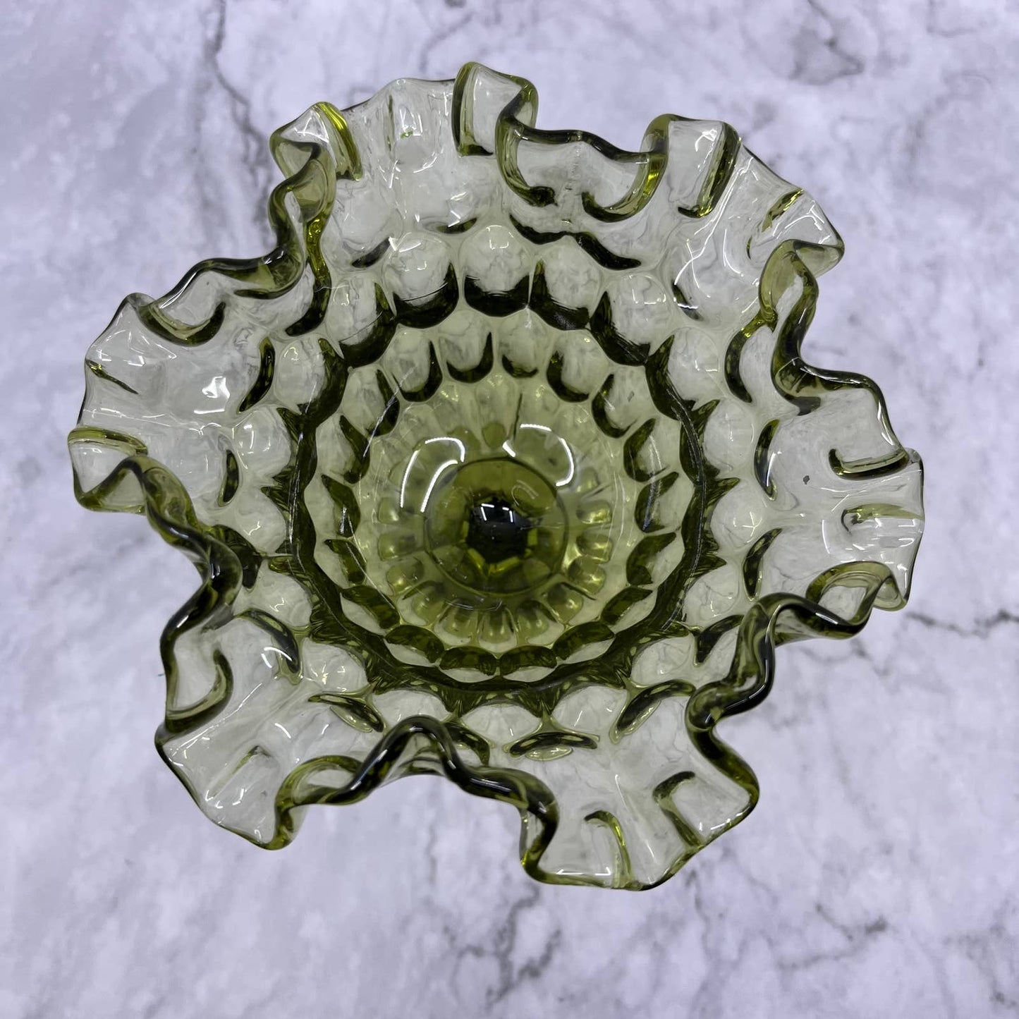 Vintage Fenton Green Ruffled Rim Thumbprint Compote Pedestal Candy Dish 6” TA2