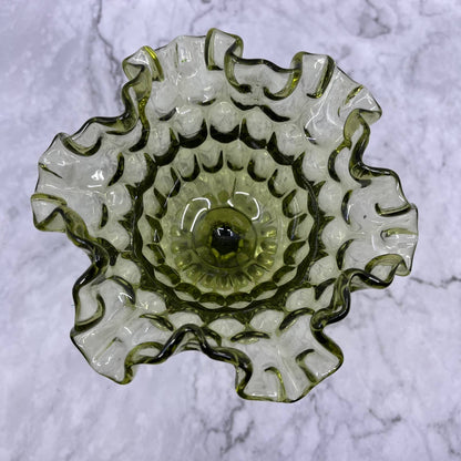 Vintage Fenton Green Ruffled Rim Thumbprint Compote Pedestal Candy Dish 6” TA2