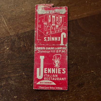 Jennie's Italian Restaurant Kansas City MO Advertising Matchbook Cover SB3-M3