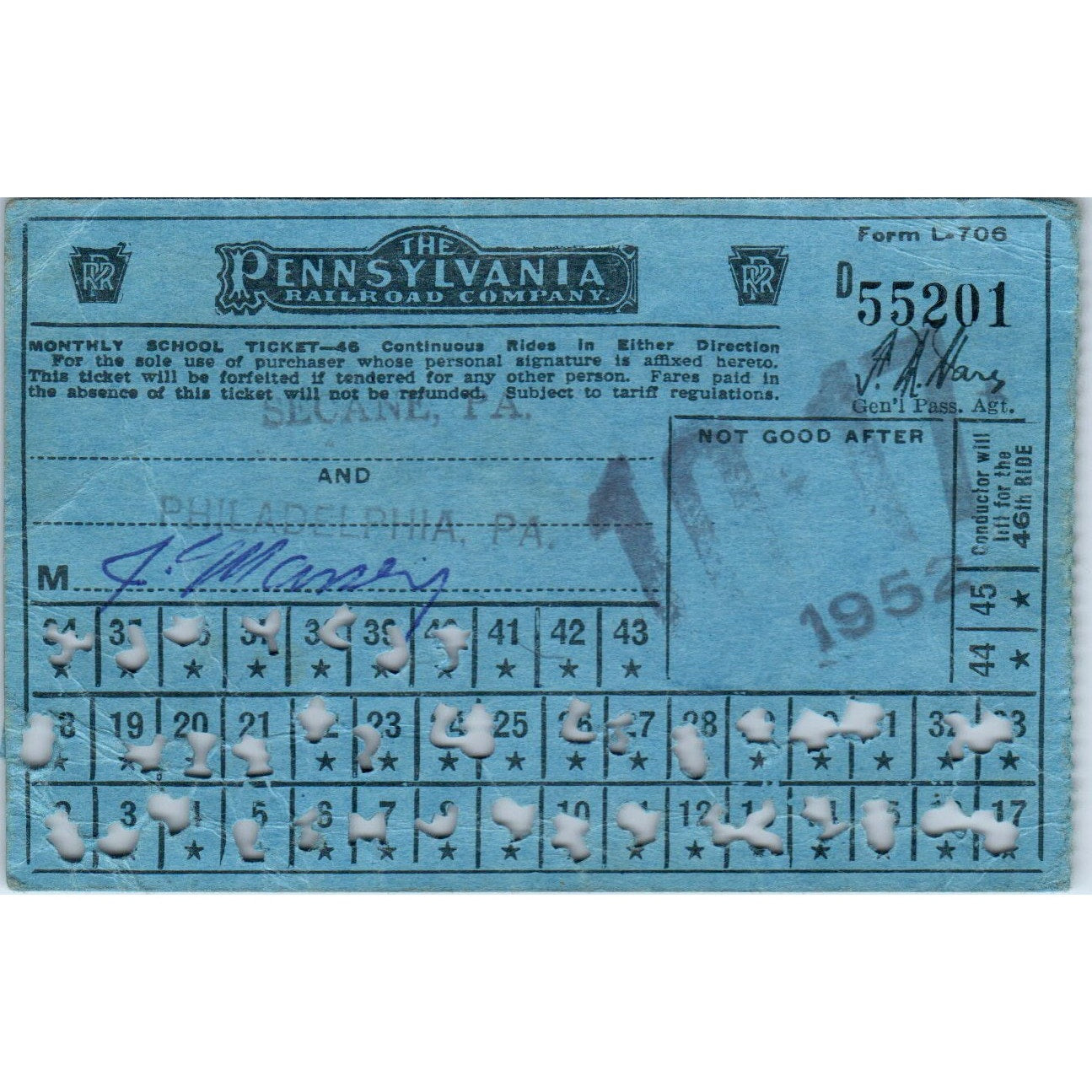 1952 Pennsylvania Railroad Company Monthly School Ticket AK3-M42