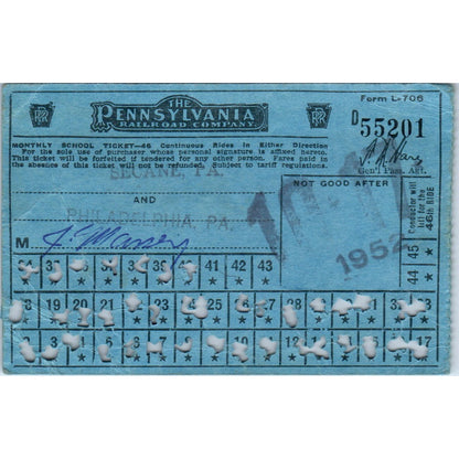 1952 Pennsylvania Railroad Company Monthly School Ticket AK3-M42