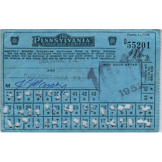 1952 Pennsylvania Railroad Company Monthly School Ticket AK3-M42