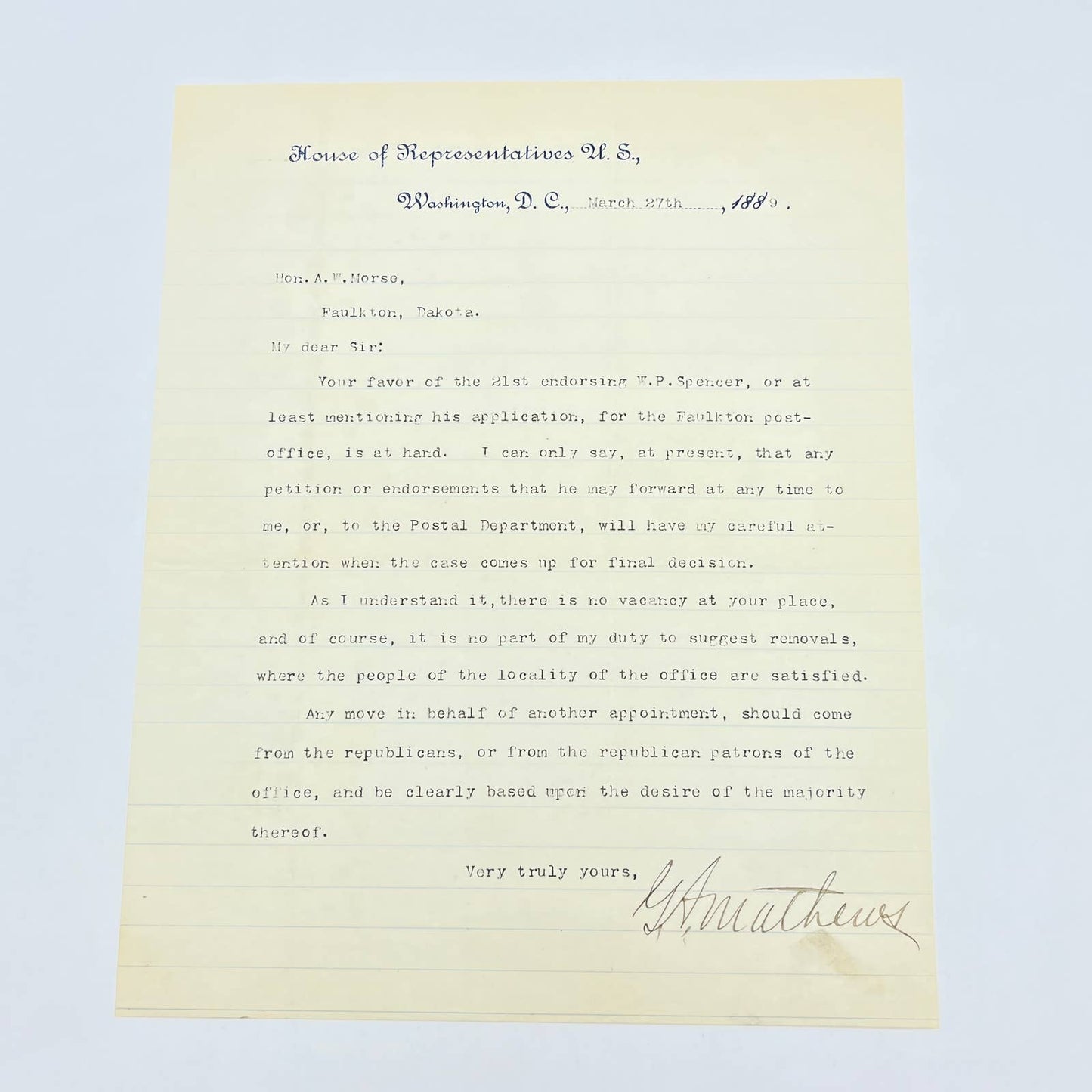 1886 House of Representatives Letterhead Signed by Rep George Mathews of GA AB7