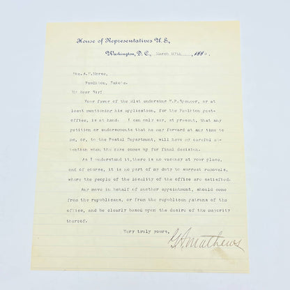 1886 House of Representatives Letterhead Signed by Rep George Mathews of GA AB7