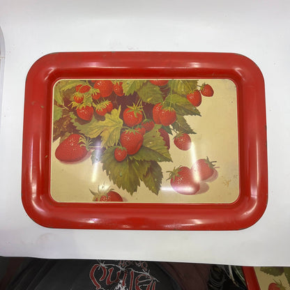 1940s Toleware Tin Enamel Strawberry Dinner Tray Set OF 4 - 17.5 x 13 TH2-3