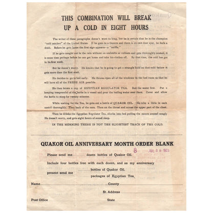 1923 Quakor Oil Anniversary Month Order Blank H.S. Heustis AD8