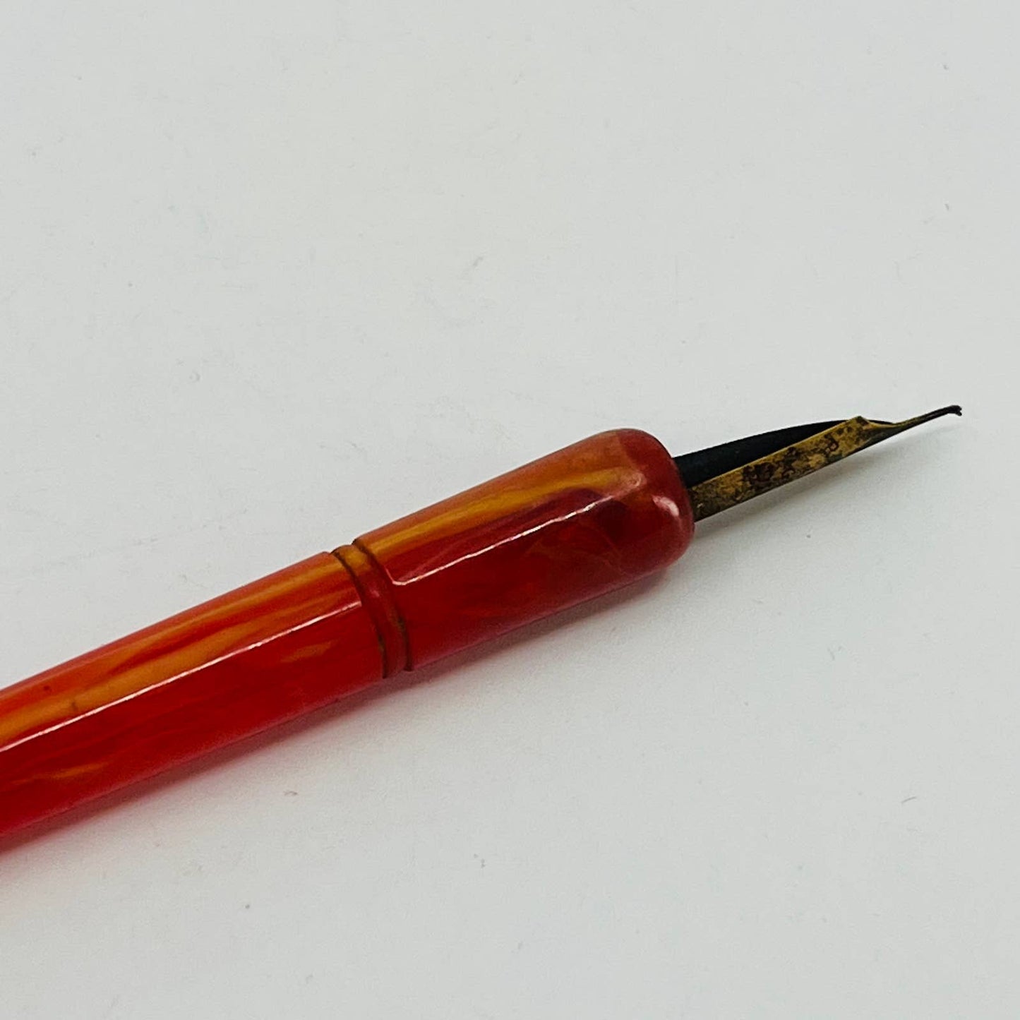VTG Red and Orange Marbled Celluloid  Fountain Dip Pen w Regal 14k Plate Nib SE1