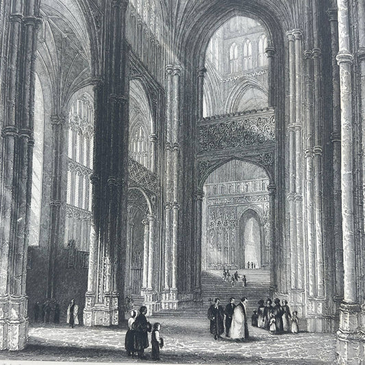 1836 Original Art Engraving Canterbury Cathedral View In the Nave AC6