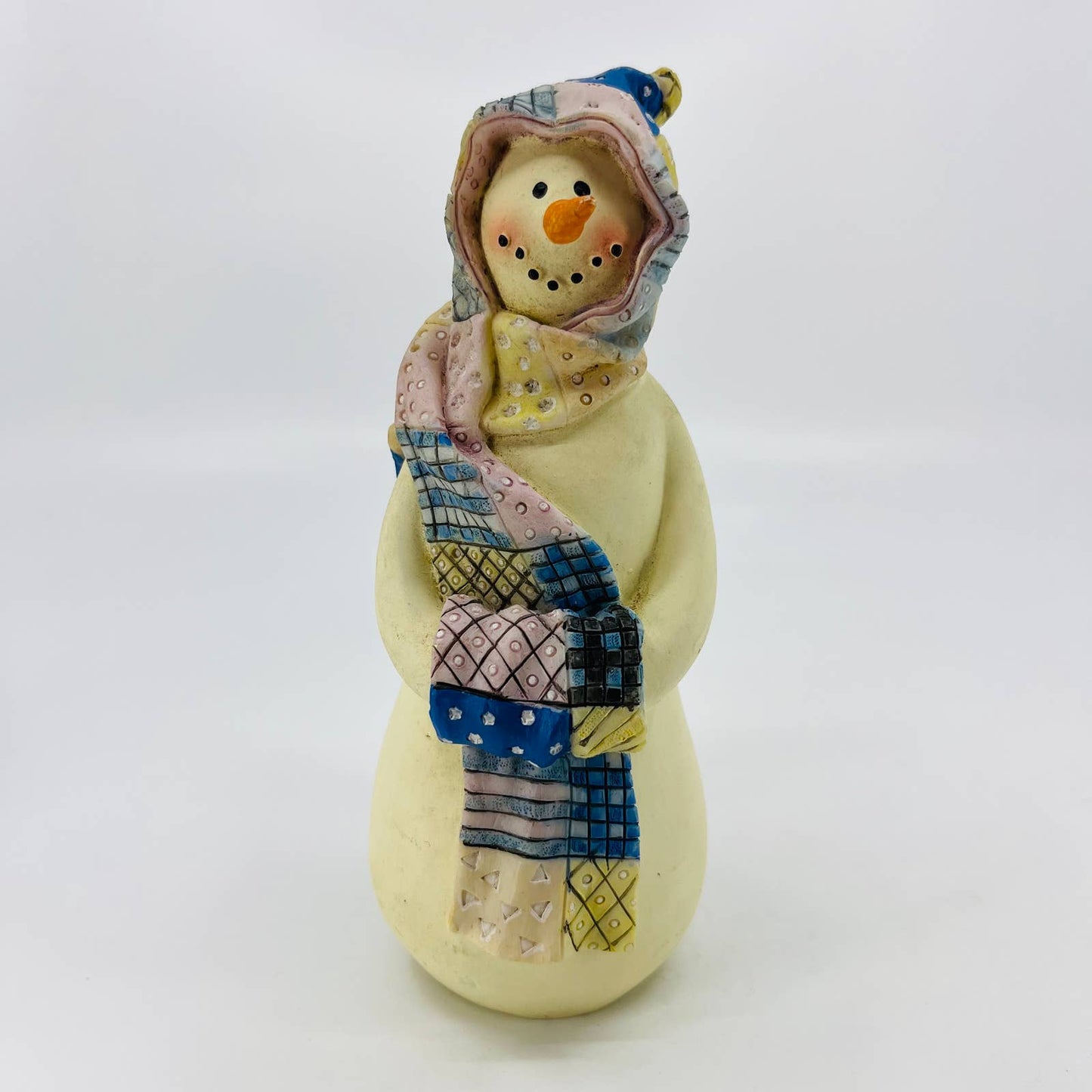 Vintage Merry Frosty Snowman w/ Quilt Scarf Hand Painted 7” TB8