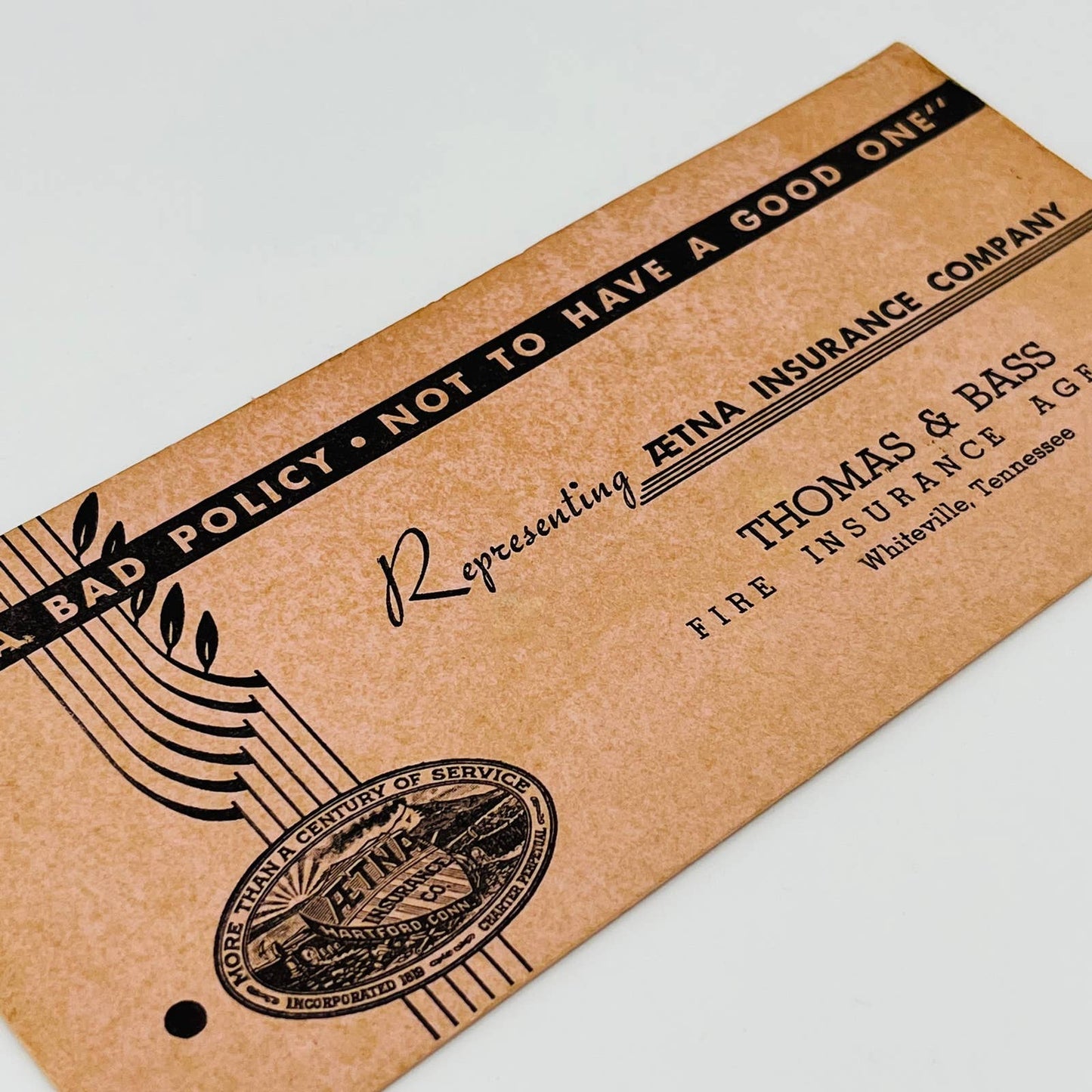 Vintage Ink Blotter Card Ætna Insurance Company Thomas & Bass Whiteville TN C1