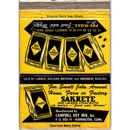 Sakrete Concrete Farmington Connecticut Advertising Matchbook Cover SA6-M5