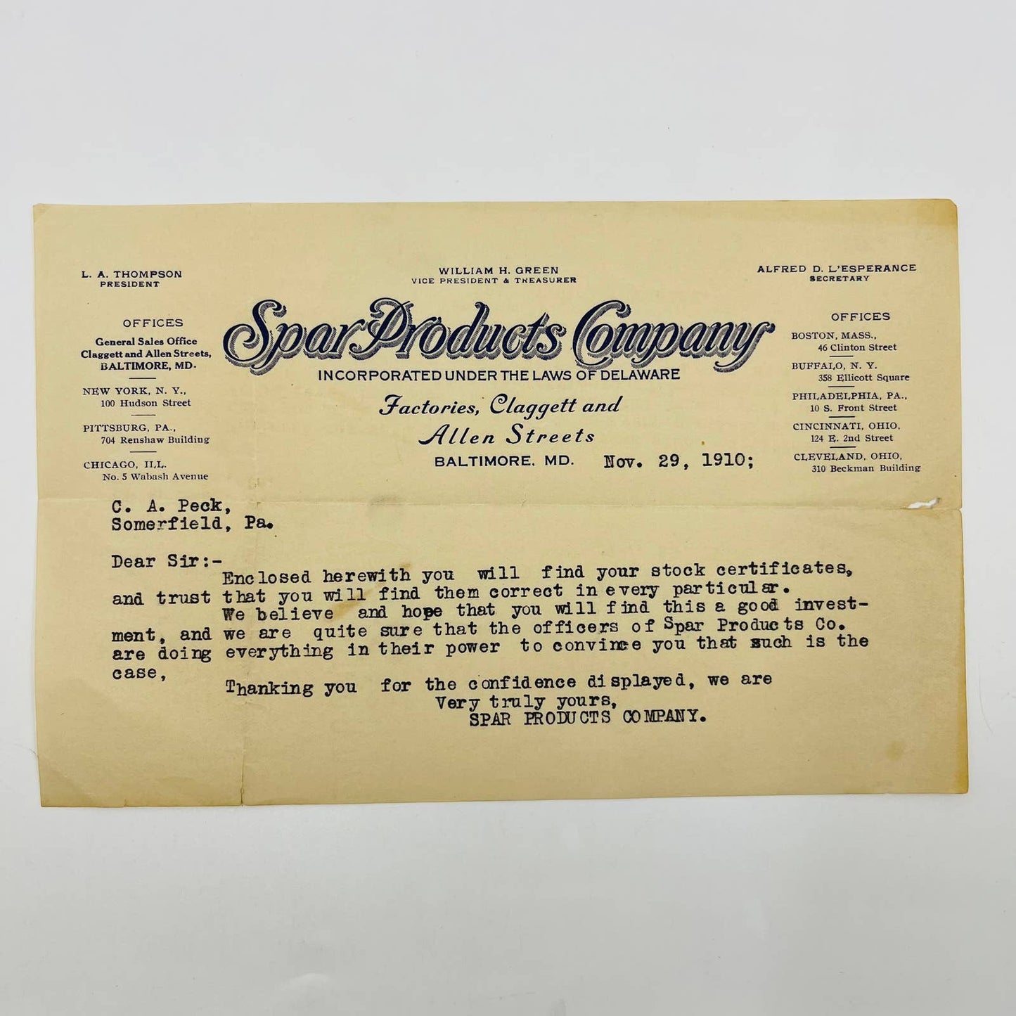 1910 Spar Products Company Letterhead Memo Baltimore MD Clagget & Allen St. D2