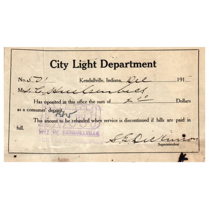 1910 City Light Department Kendallville IN Payment Receipt AD8
