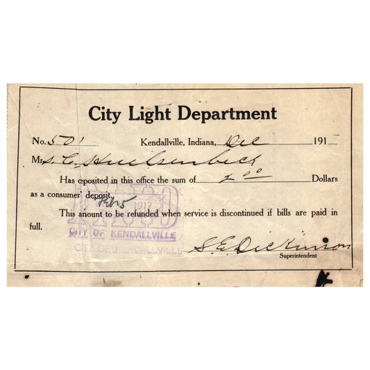 1910 City Light Department Kendallville IN Payment Receipt AD8