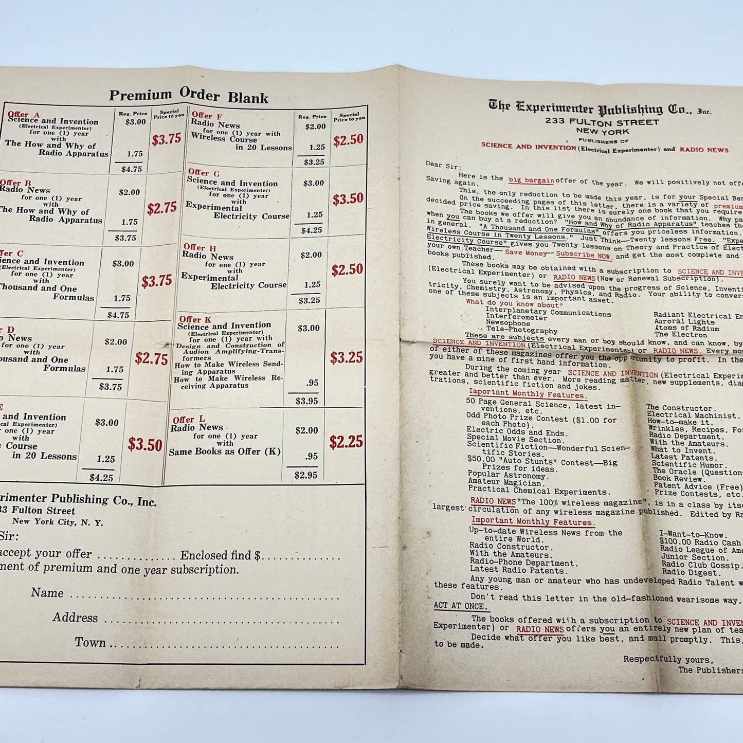 c1920 The Experimenter Publishing Co Science Books Price List & Order Form D8