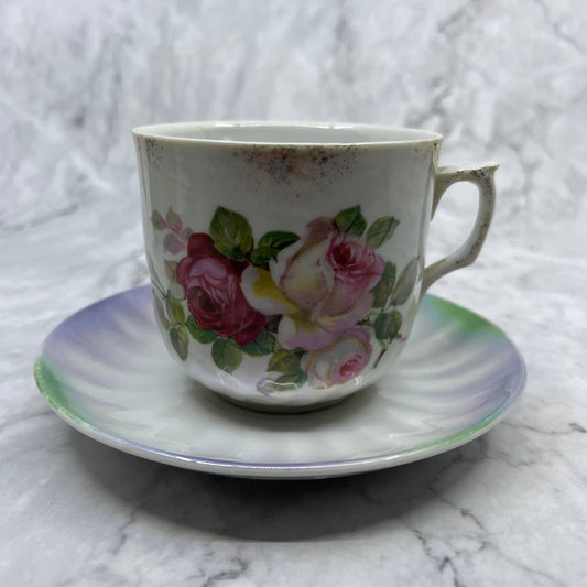 Vintage Bavaria Germany Bone China Rose Floral Tea Cup & Saucer Iridescent TA7