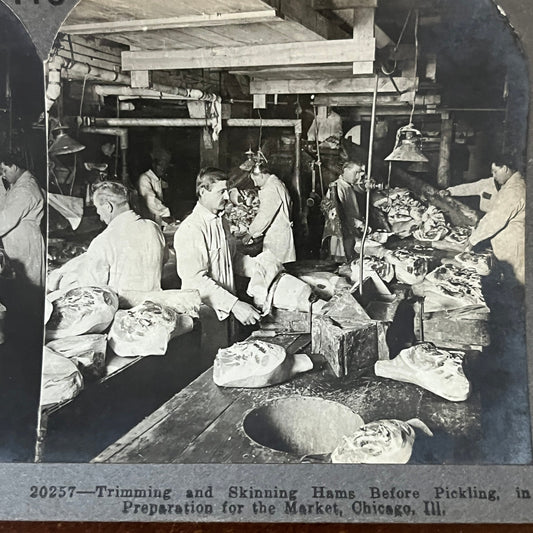 Trimming & Skinning Hams Meat Packing Chicago IL Antique Stereoview Card H2-2