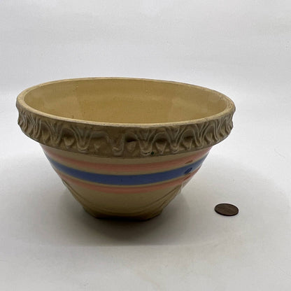 Vintage McCoy Yellow Ware Blue Pink Striped Mixing Bowl 6” Pie Crust Rim TH5