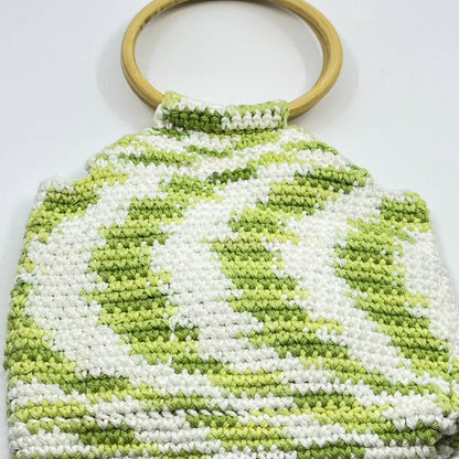 Vintage Handmade Green Crocheted Beach Purse Handbag Wood Handle 9” TC6
