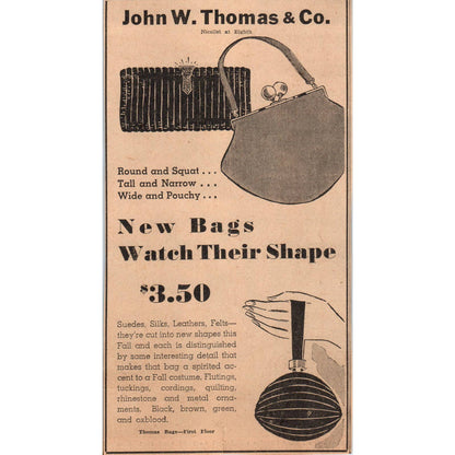 1935 Minneapolis Journal Newspaper Ad John W. Thomas & Co Handbags FL5-3