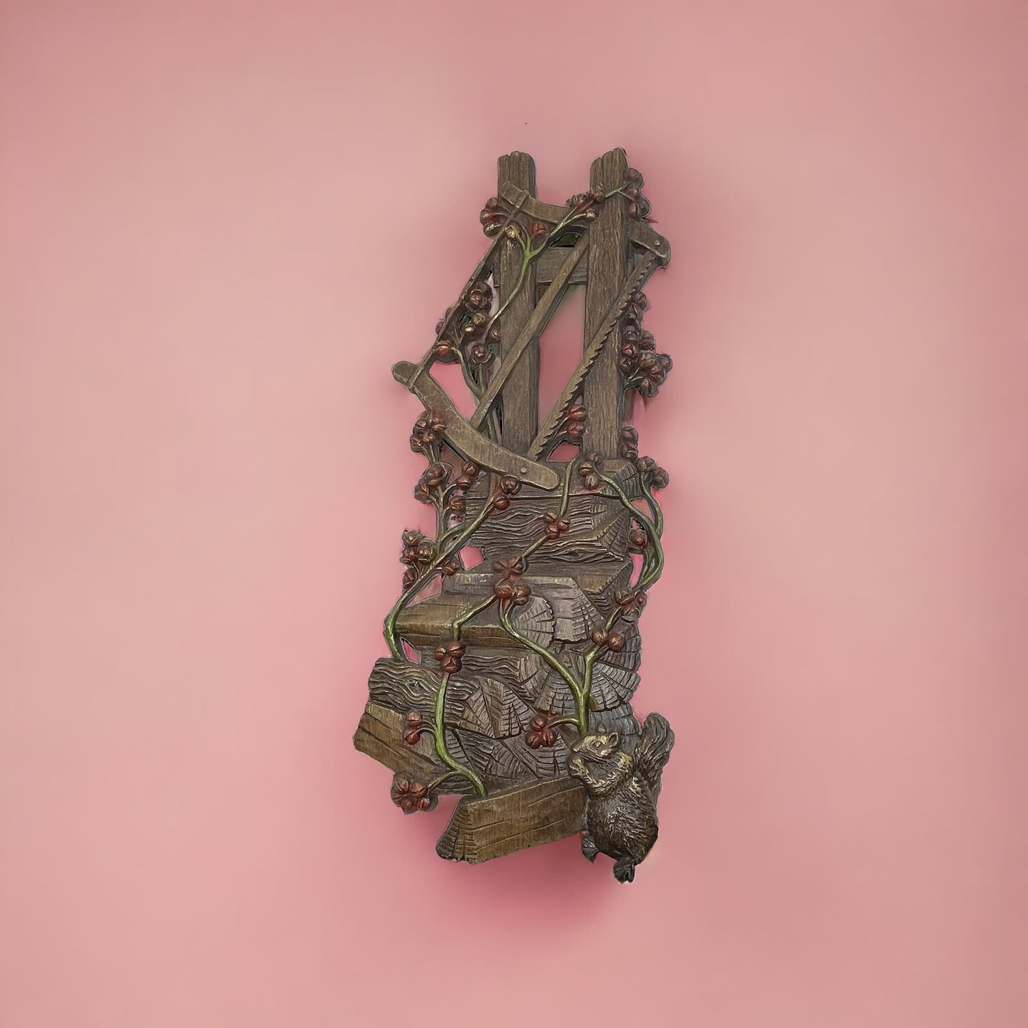 1972  Burwood Resin Wall Hanging Plaque Old Wood Pile Squirrel Hand Saw 18x7 TJ9