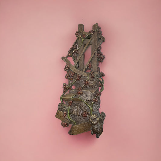 1972  Burwood Resin Wall Hanging Plaque Old Wood Pile Squirrel Hand Saw 18x7 TJ9