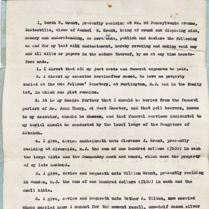 1928 Last Will and Testament of Sarah W. Grant Coatesville PA Odd Fellows SC6