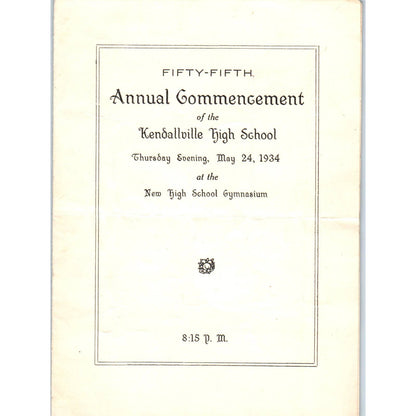 1934 Original Kendallville High School 55th Annual Commencement Program AD8