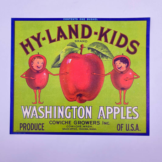 Hy-Land Kids Washington Apples Fruit Label 1940s Cowiche Growers WA FL3
