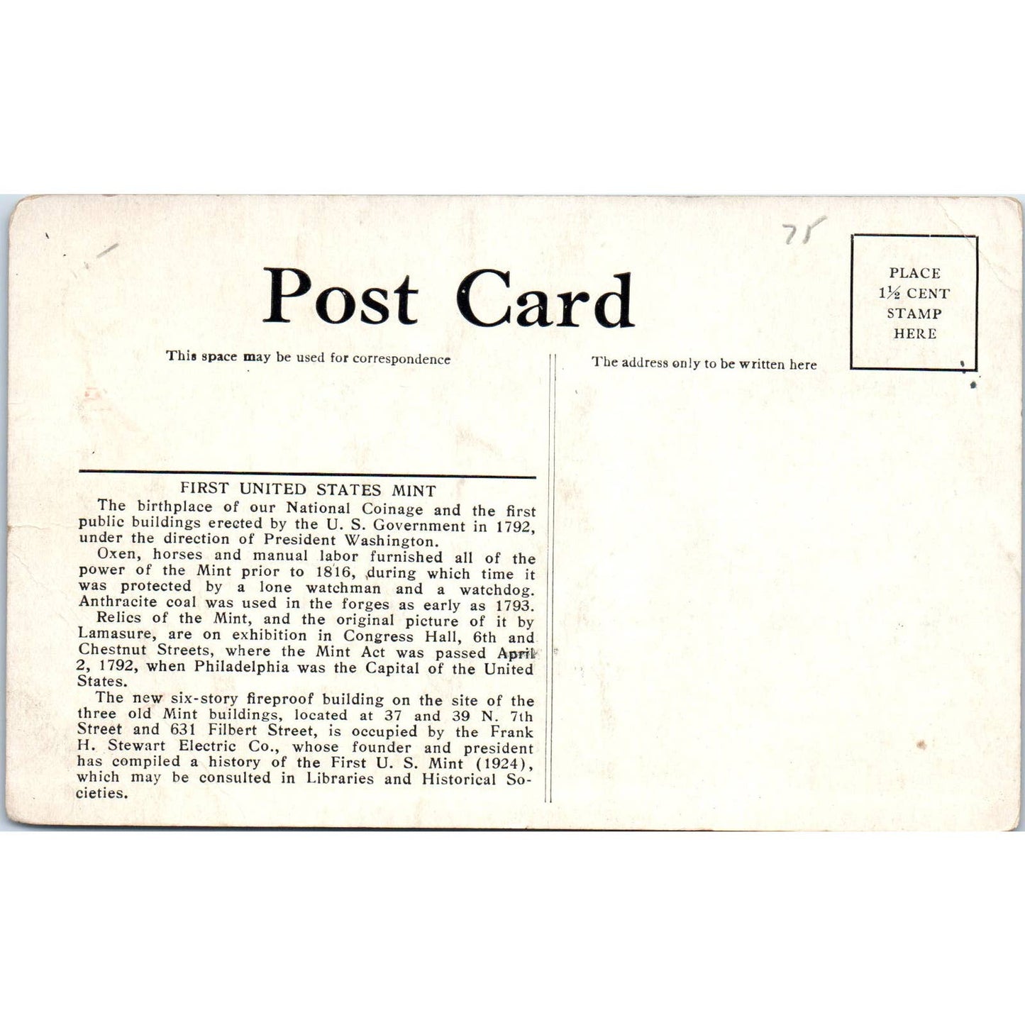 Vintage Postcard 1924 Ye Olde Mint Philadelphia PA TI1-1