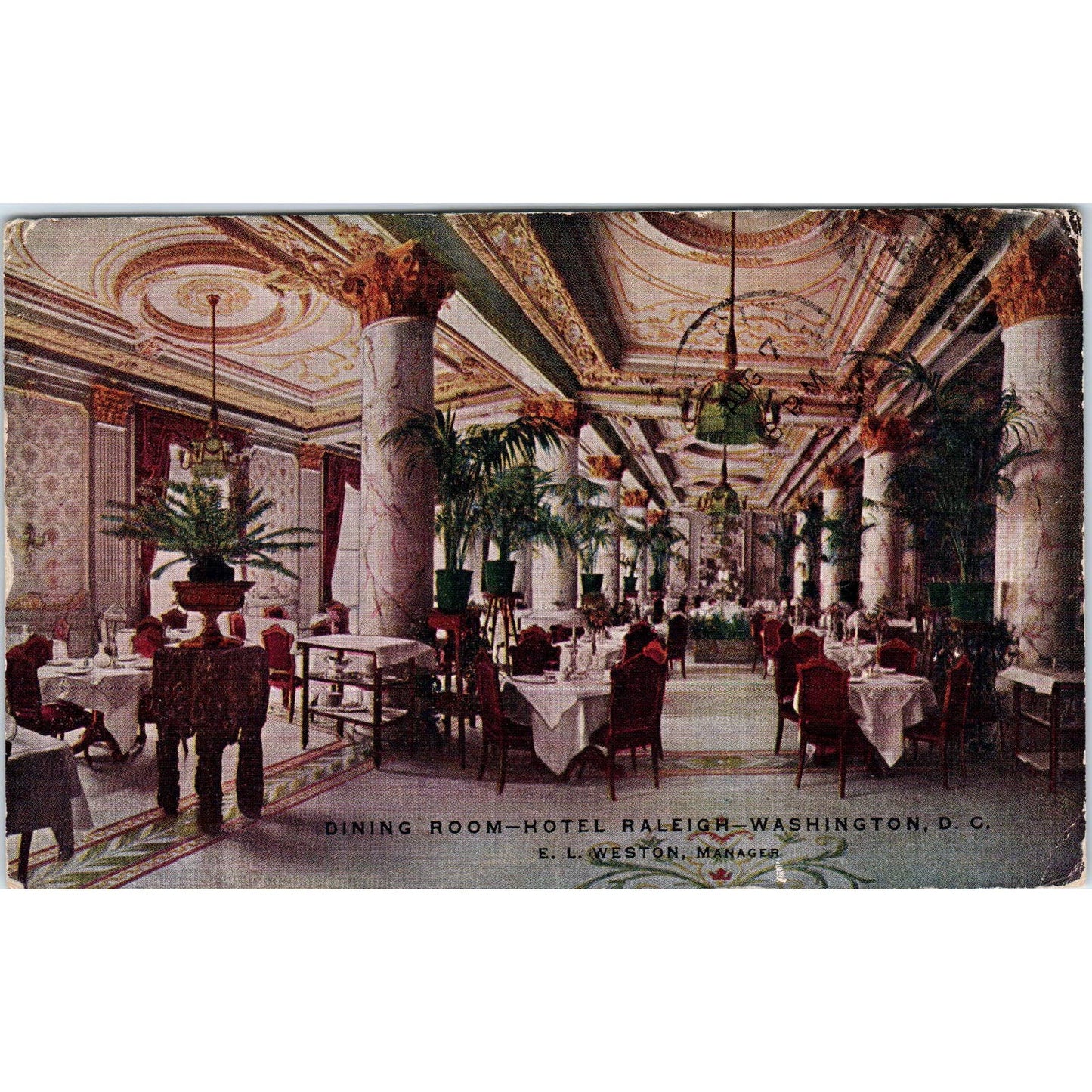 Hotel Raleigh Dining Room 1918 Washington D.C. Original Postcard TK1-P2