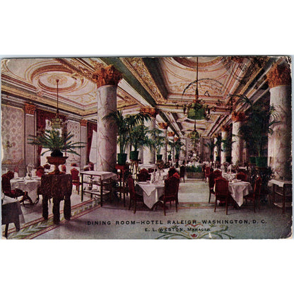 Hotel Raleigh Dining Room 1918 Washington D.C. Original Postcard TK1-P2
