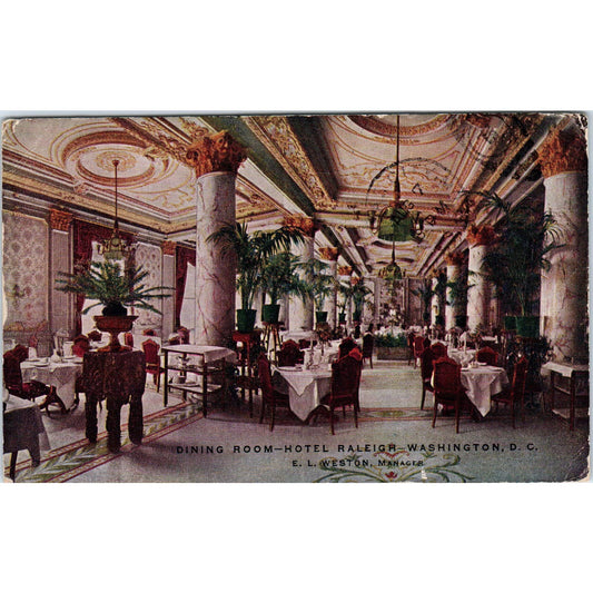 Hotel Raleigh Dining Room 1918 Washington D.C. Original Postcard TK1-P2