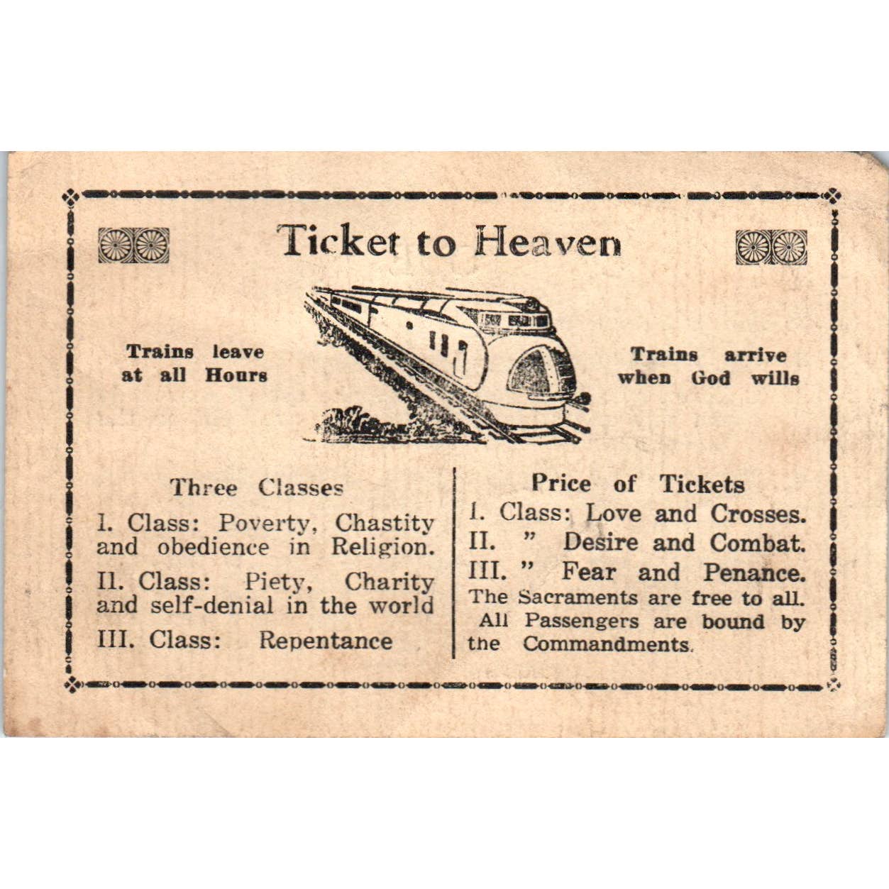 Ticket to Heaven - Vintage Prayer Card TJ7-L2