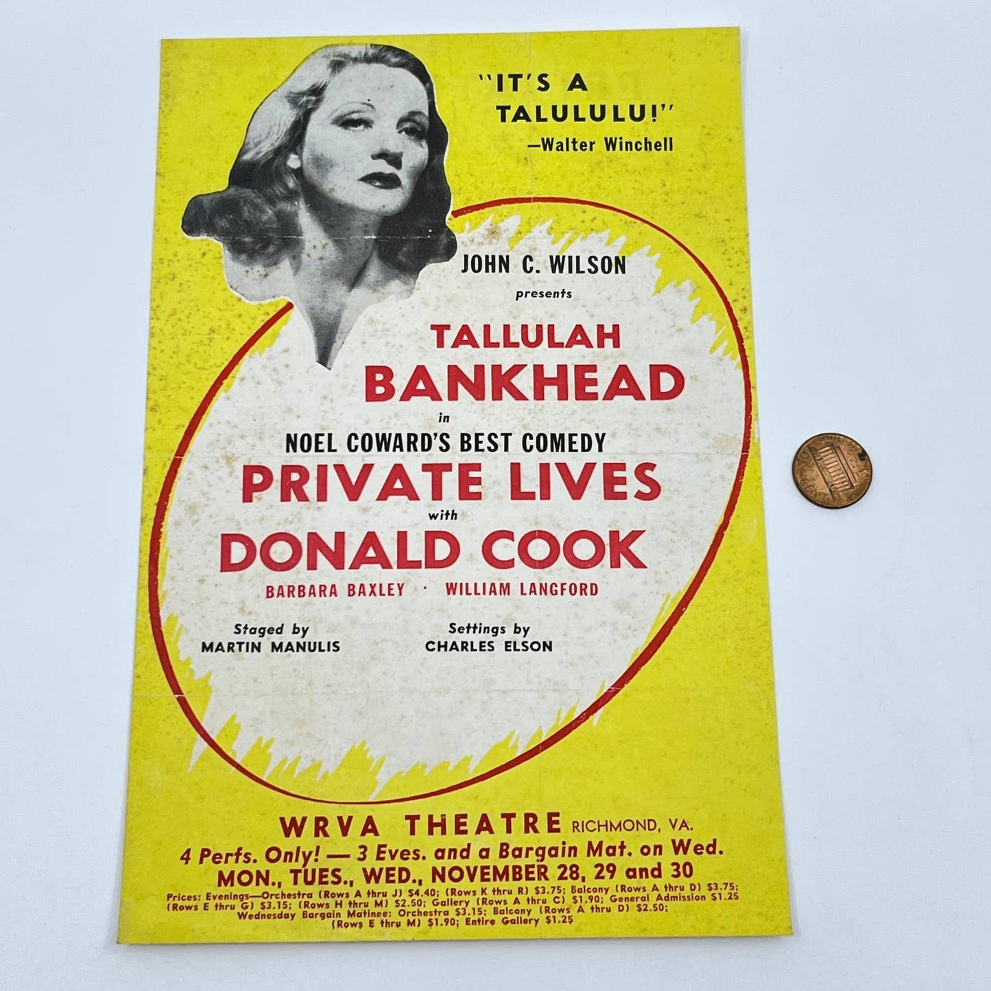 1940s WRVA Theatre Tallulah Bankhead Private Lives Leaflet Richmond VA AB3