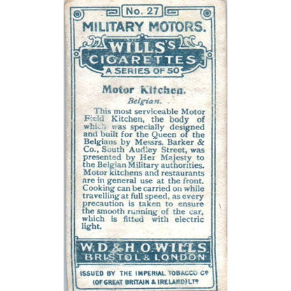 1916 WWI Wills's Cigarette Card Military Motors #27 Motor Kitchen SE5
