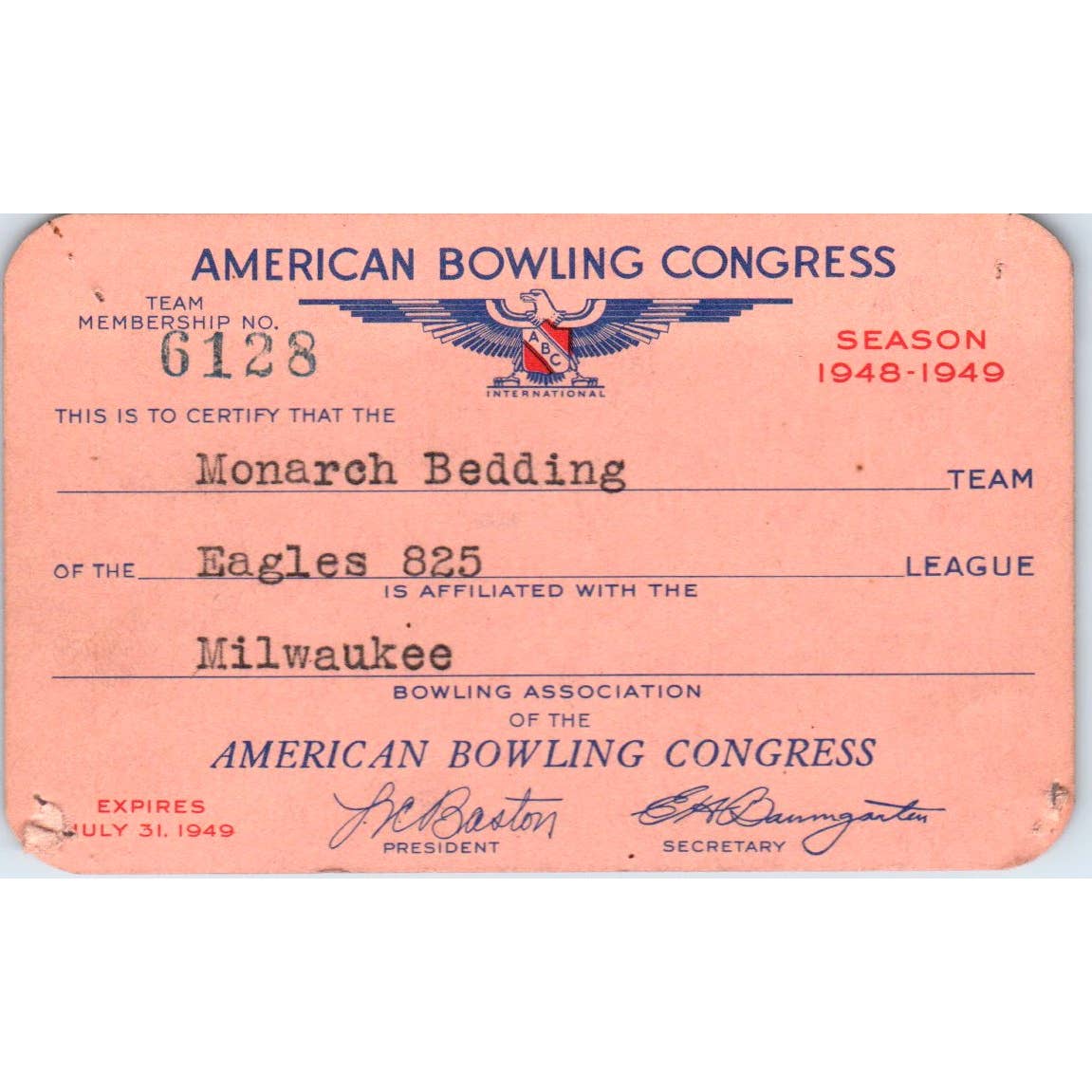 1948 American Bowling Congress Milwaukee Membership Card Eagles 825 SE5-11